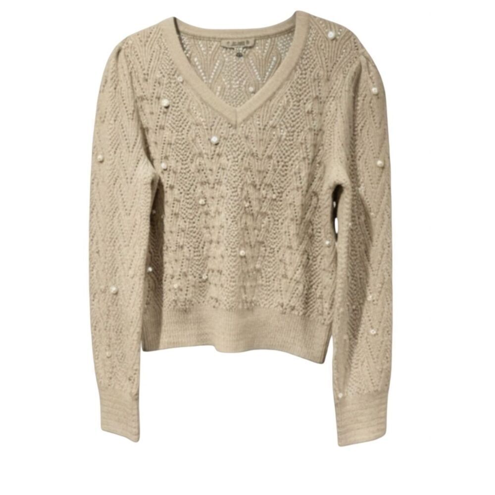 Nanette Lepore Cream V-Neck Sweater Pearl embellishment.